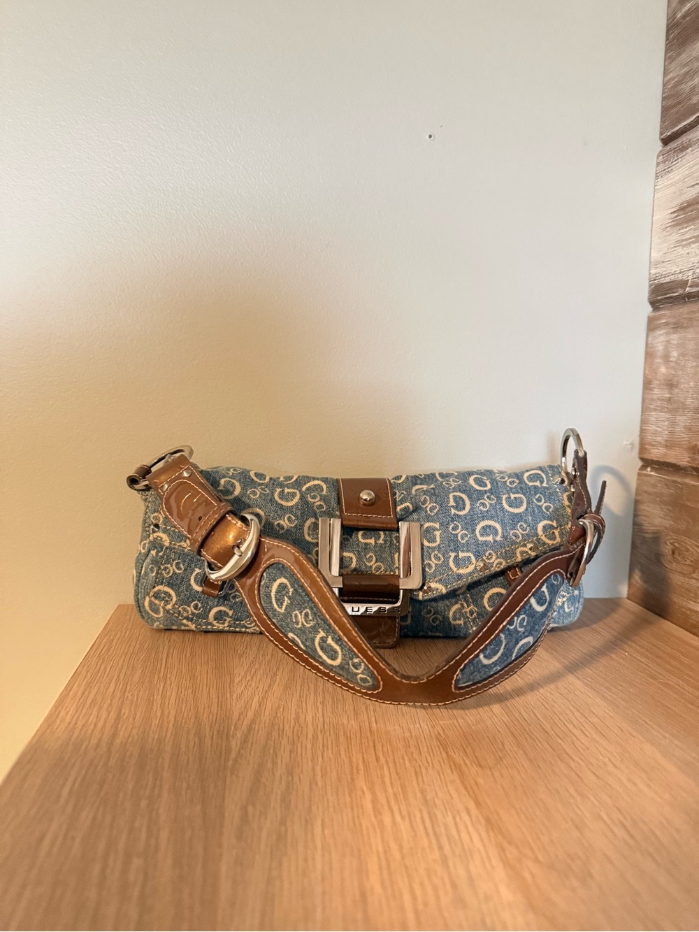 2000s RARE Vintage GUESS |
Denim Monogram Mini Shoulder
Bag With Brown Leather